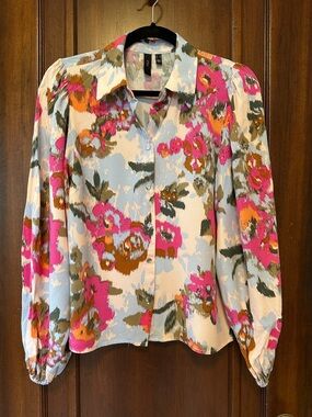 YAS Floral Button-Up Blouse - Pink Blue Cream